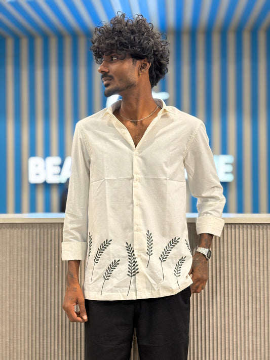 Off White Linen Bottom Embroidery Shirt