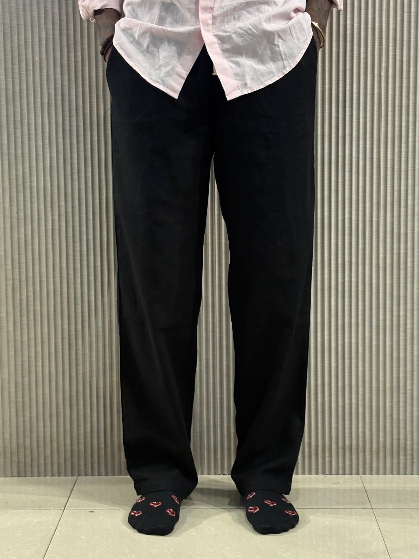 Black Linen Relaxed Fit Draw String Pants