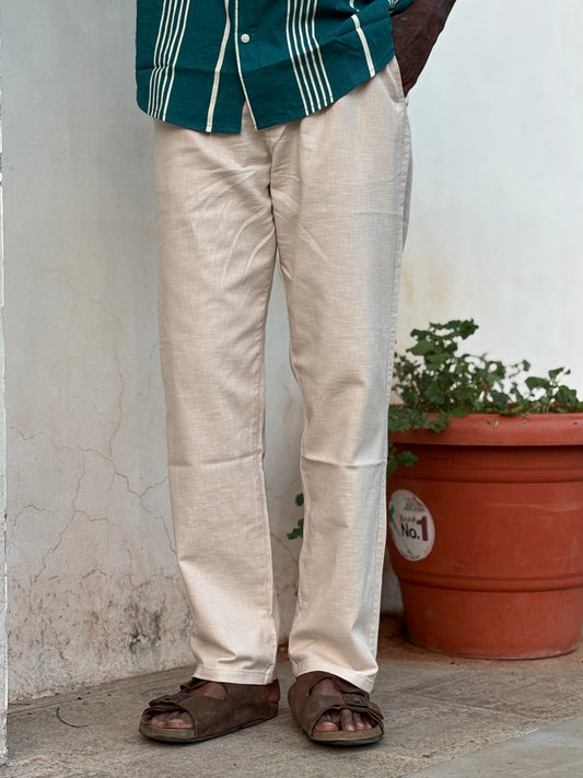Beige Linen Relaxed Fit Draw String Pants
