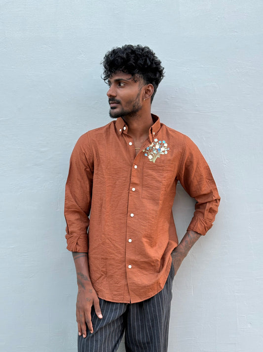 Brown Linen Blended Embroidery Shirt