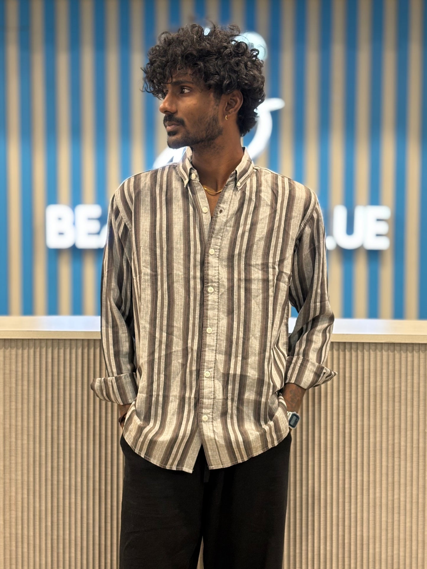 Grey And Brown Striped Linen Shirt