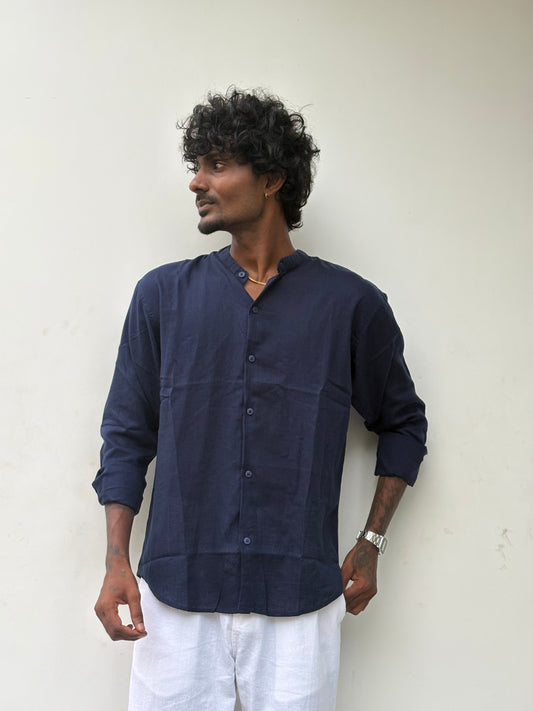 Navy Blue Linen Mandarin Collar Shirt