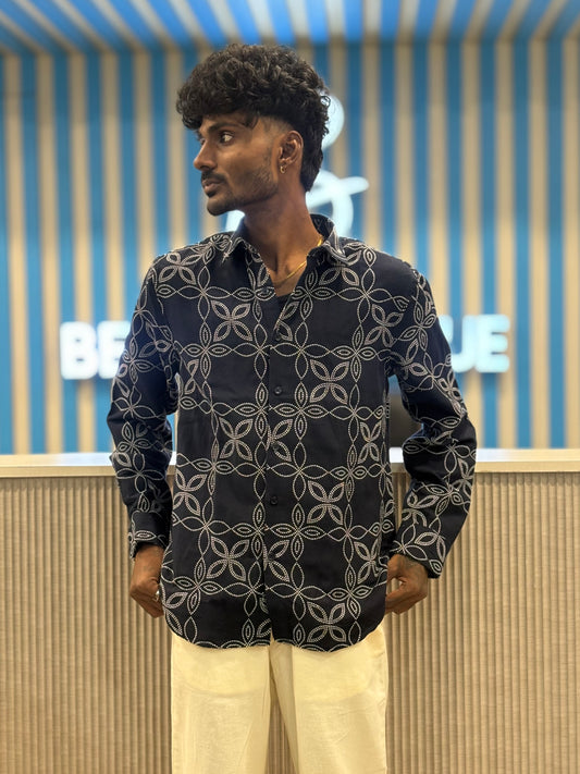 Navy Blue Jacquard Cotton Shirt