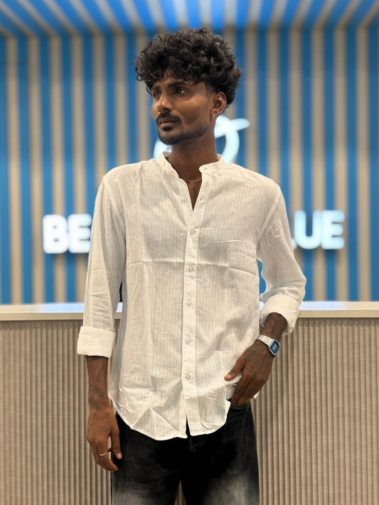 White Linen Self Striped Mandarin Collar Shirt