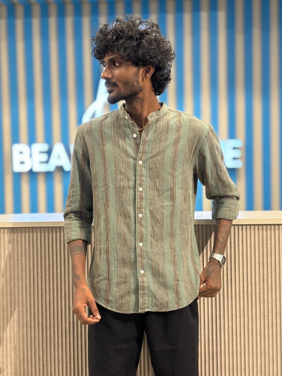 Green Jacquard Striped Mandarin Collar Shirt