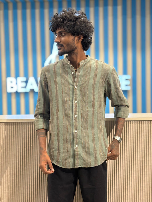 Green Jacquard Striped Mandarin Collar Shirt