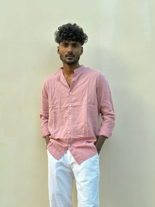 Pink Linen Mandarin Collar Shirt