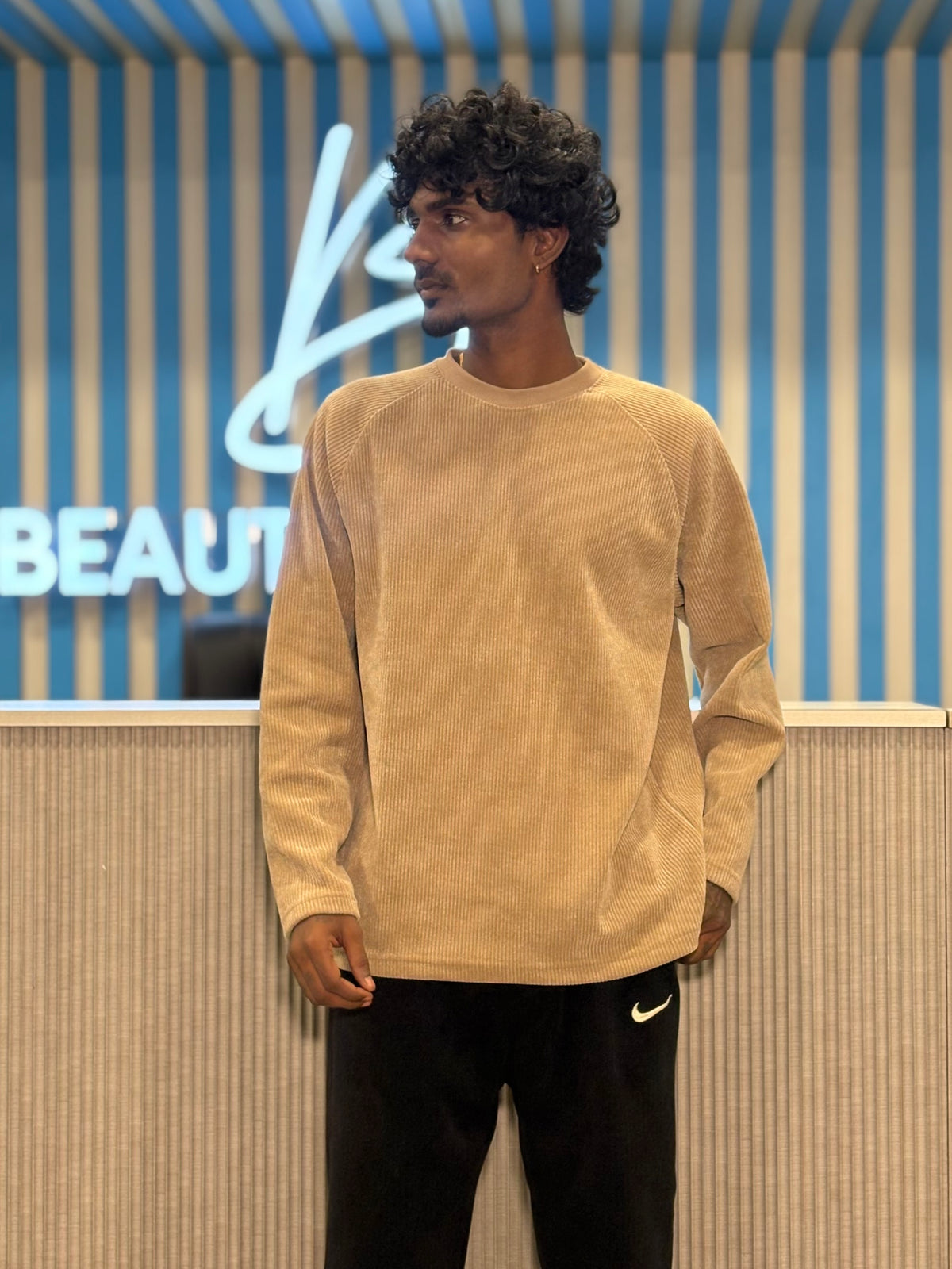 Beige Ribbed Sweatshirt