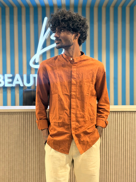 Brown Linen Mandarin Collar Shirt