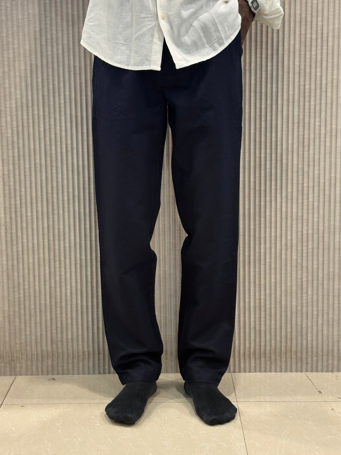 Navy Blue Linen Relaxed Fit Draw String Pants