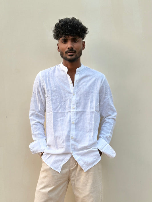 White Linen Mandarin Collar Shirt