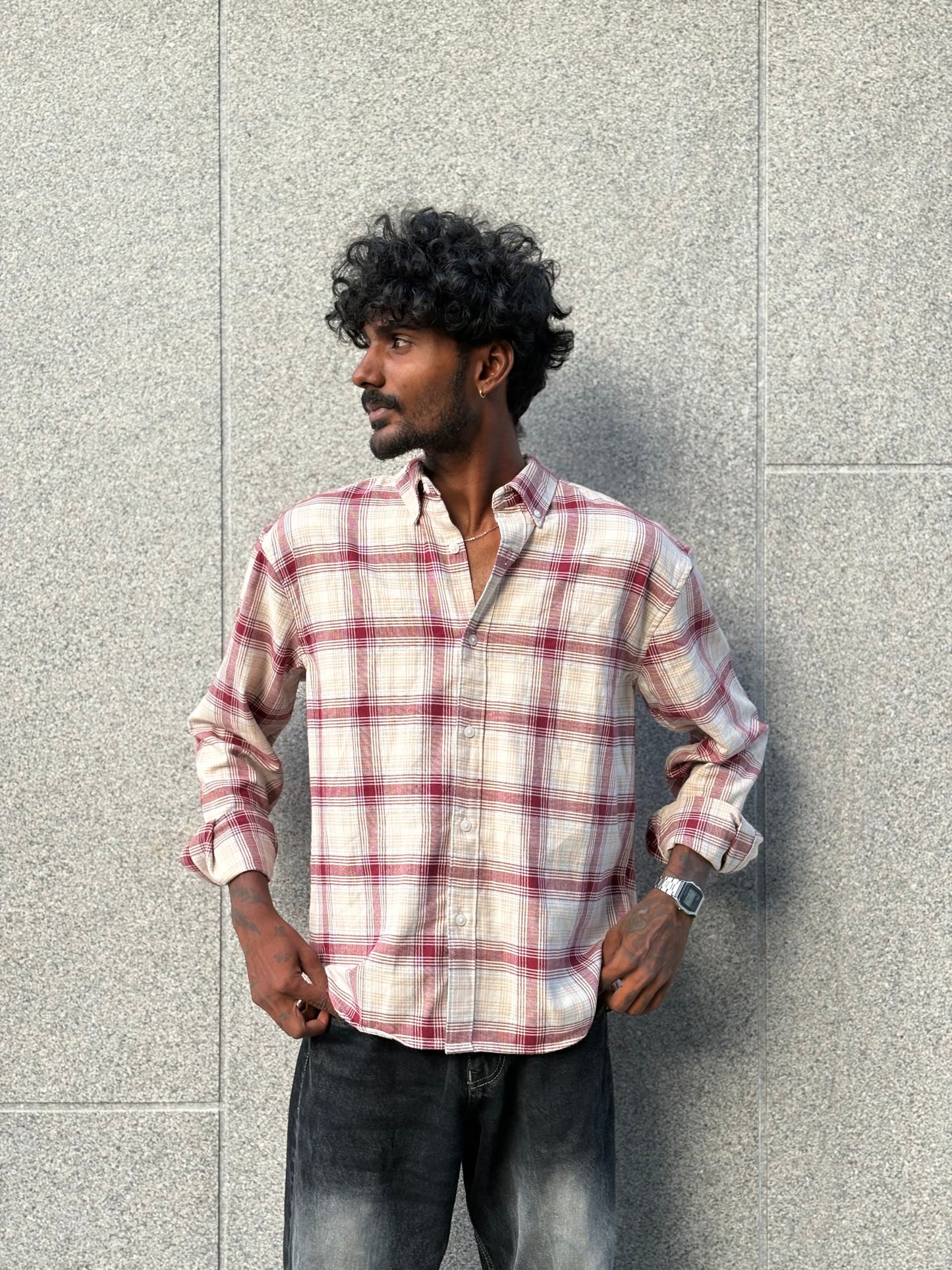 Beige And Red Flannel Shirt