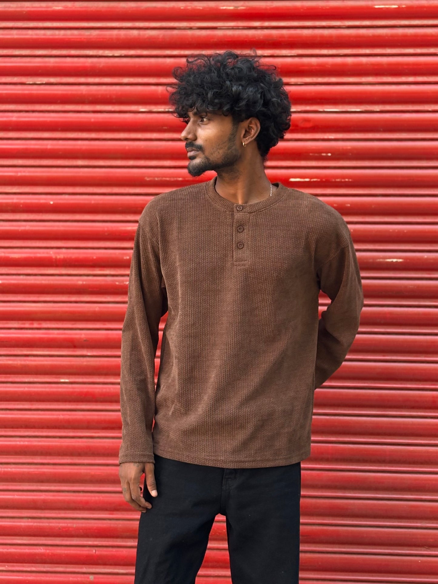 Brown Henley Full Sleeve Tshirt