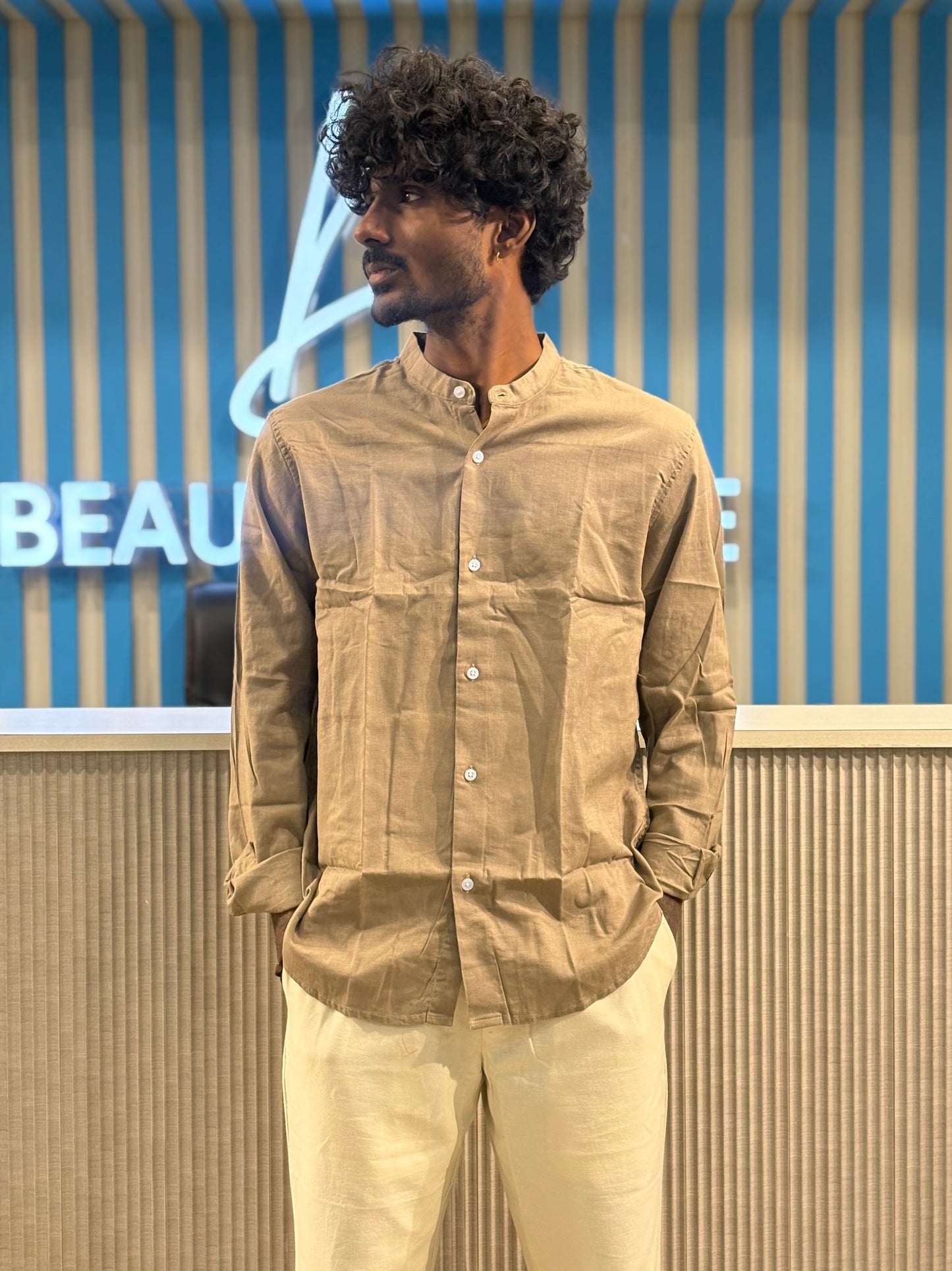 Brown Linen Mandarin Collar Shirt