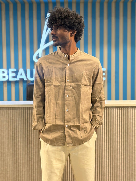 Brown Linen Mandarin Collar Shirt