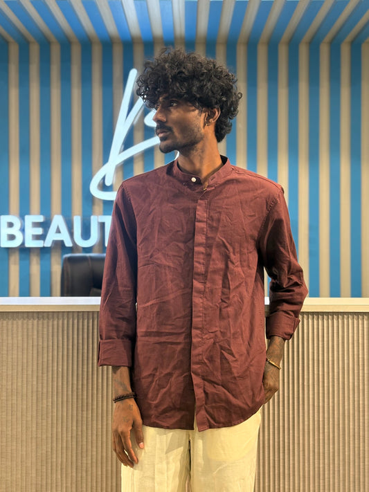 Maroon Linen Mandarin Collar Shirt