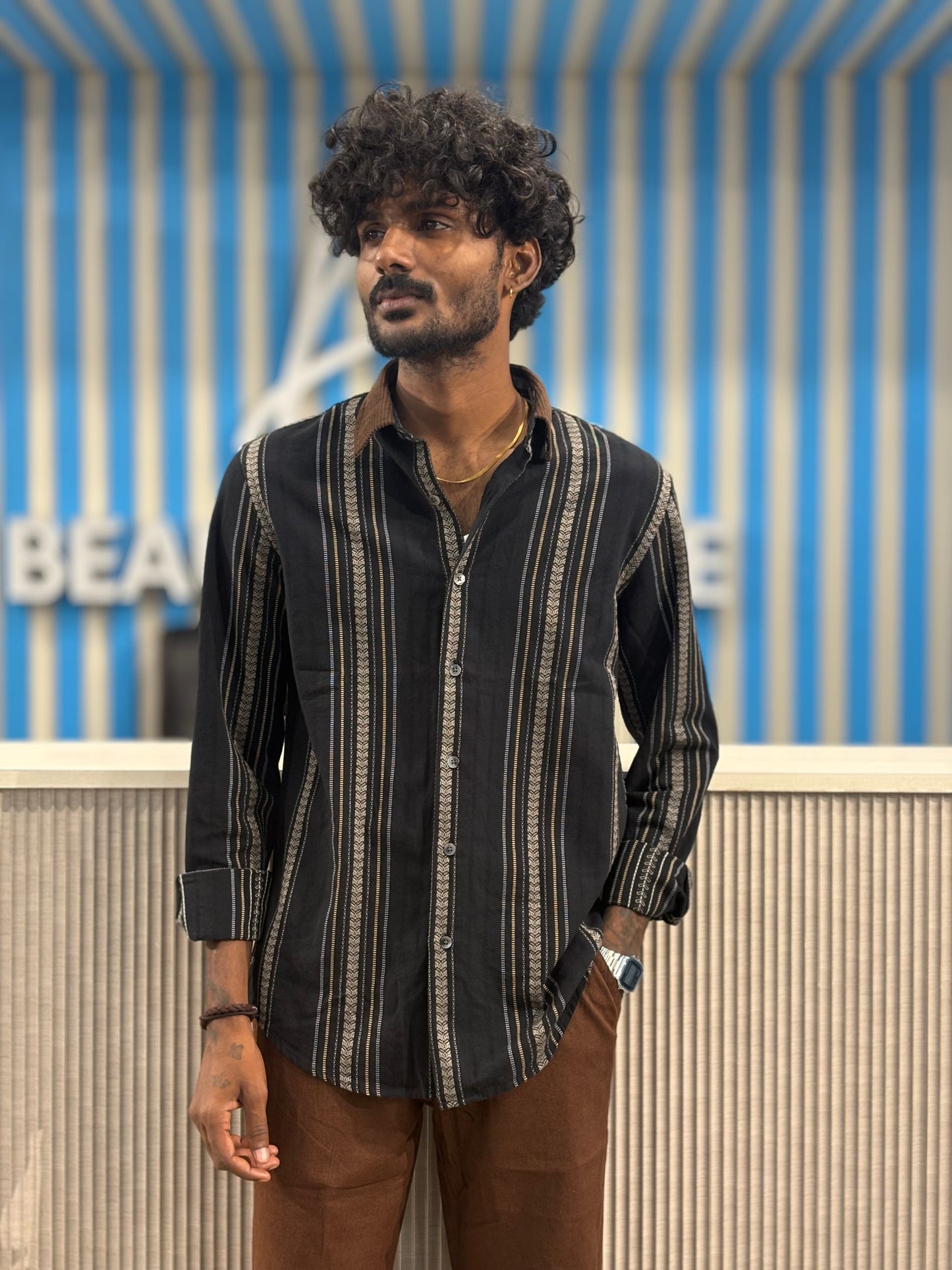 Black Cotton Dobby Striped Shirt