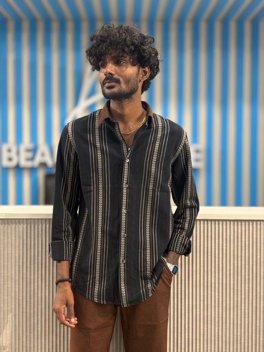 Black Cotton Dobby Striped Shirt
