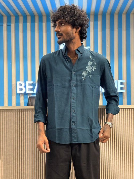 Teal Blue Chest Embroidery Shirt
