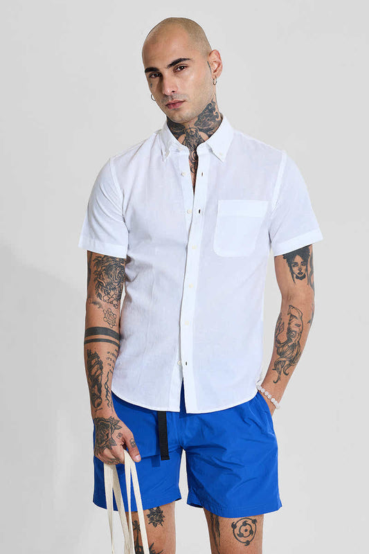 White Linen Blend Slim Fit Shirt