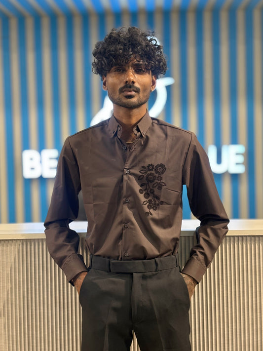 Brown Velvet Embroidery Designer Shirt