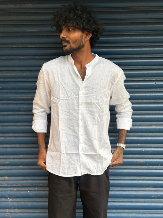 White Linen Mandarin Collar Shirt