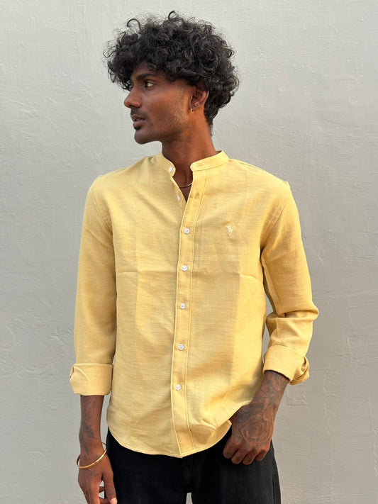 Yellow Linen Blended Mandarin Collar Shirt