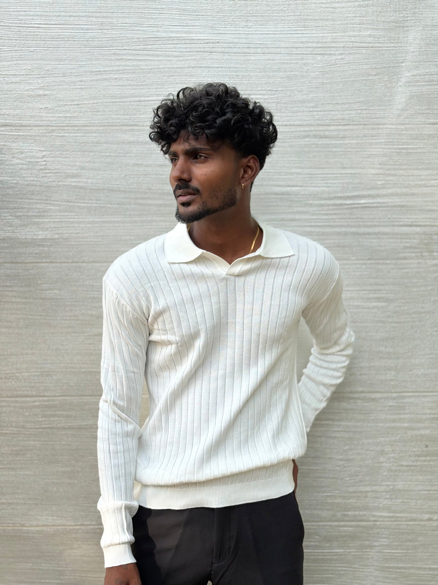 White Textured Full Sleeve Polo T-shirt