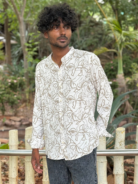 White And Brown Mandarin Collar Shirt