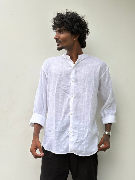 White Linen Mandarin Collar Shirt