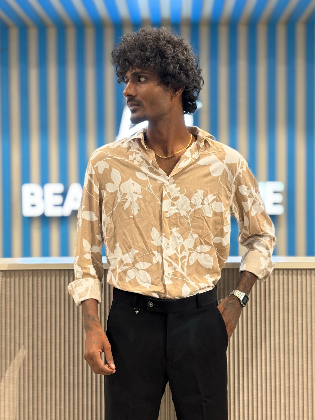 Beige Rayon Viscose Printed Shirt