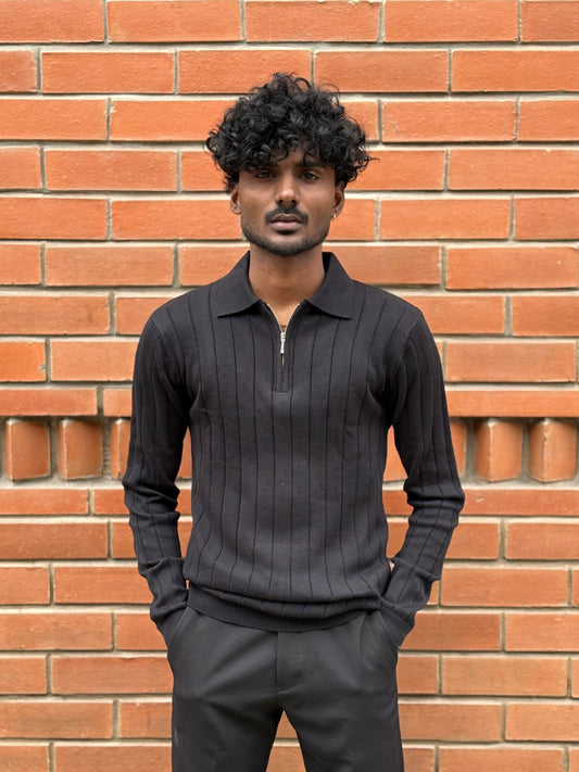 Black Zipper Polo Full Sleeve Tshirt