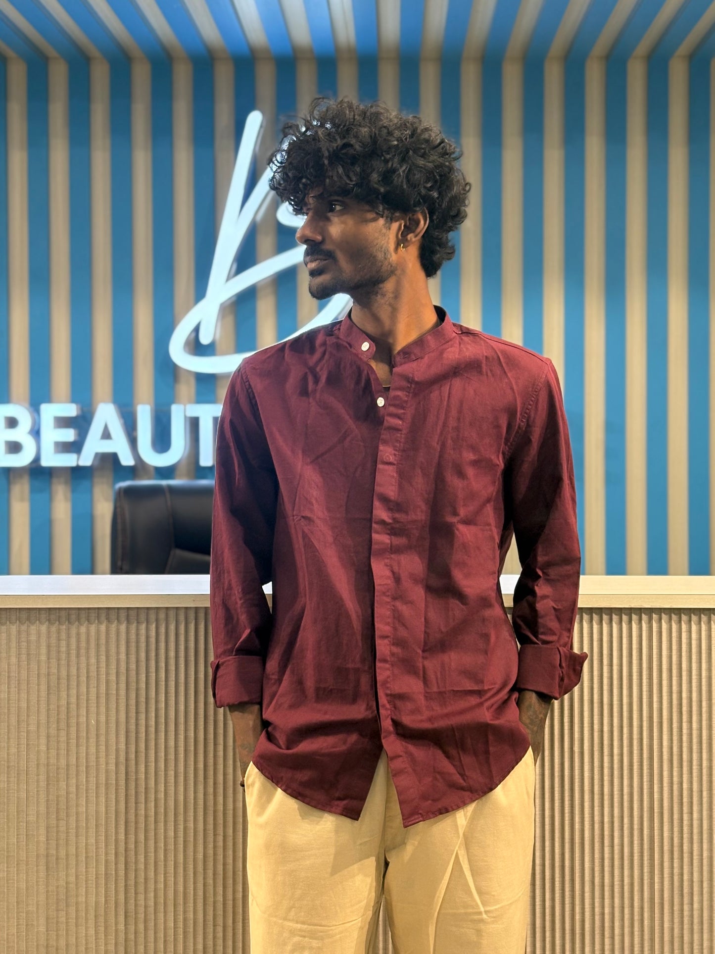 Maroon Linen Mandarin Collar Shirt