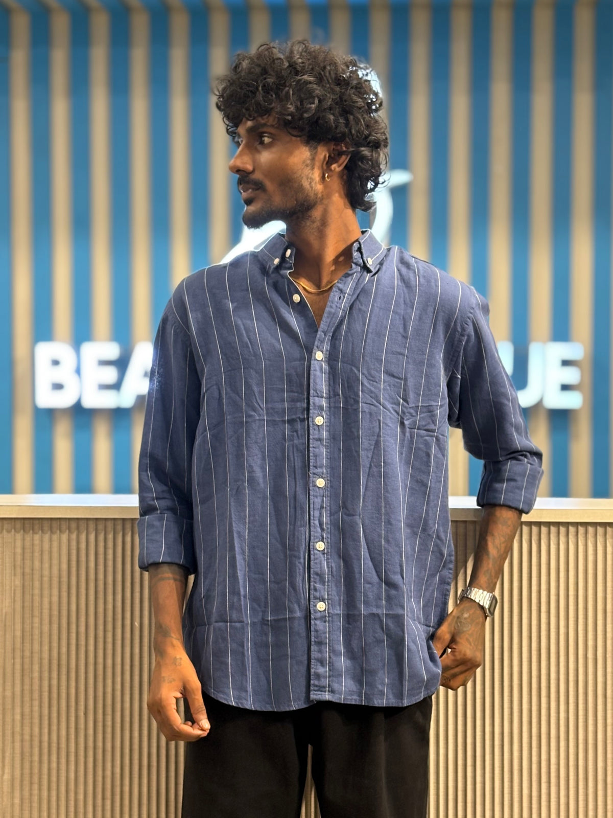 Blue Linen Striped Shirt