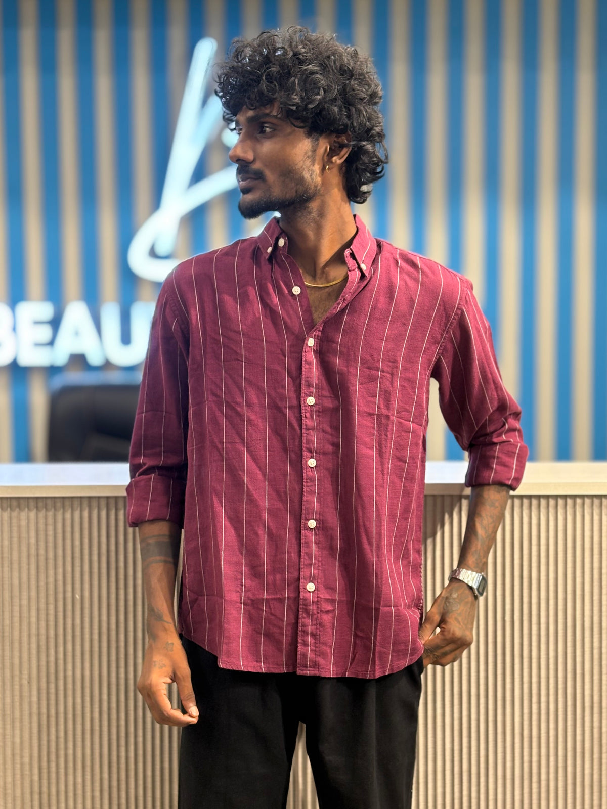 Berry Red Linen Striped Shirt