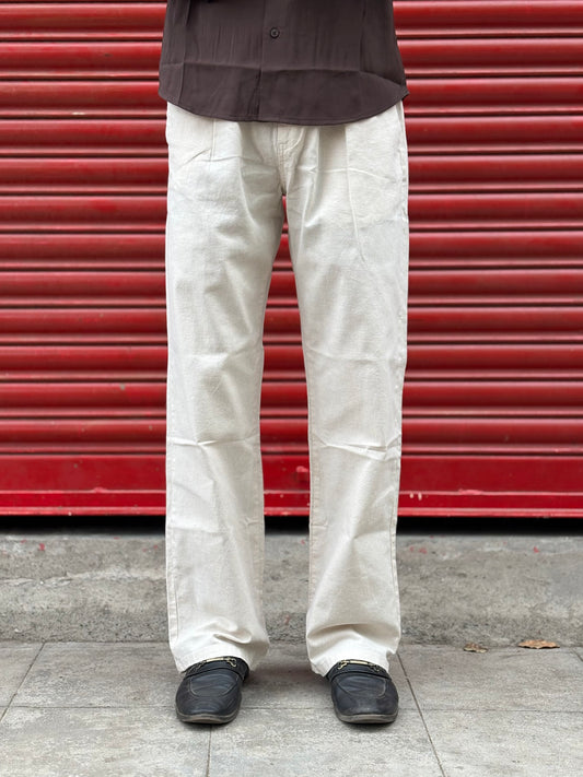 Beige Linen Relaxed Fit Draw String Pants