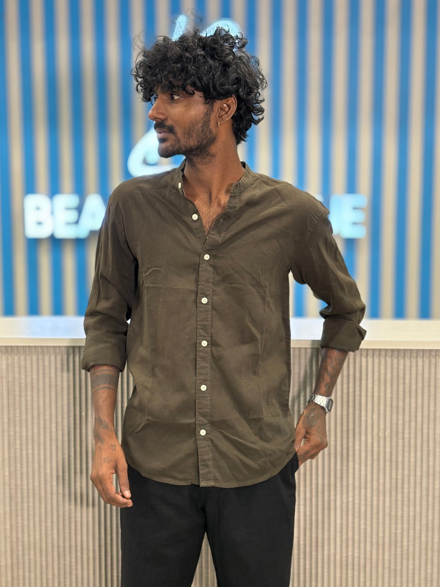 Brown Linen Mandarin Collar Shirt