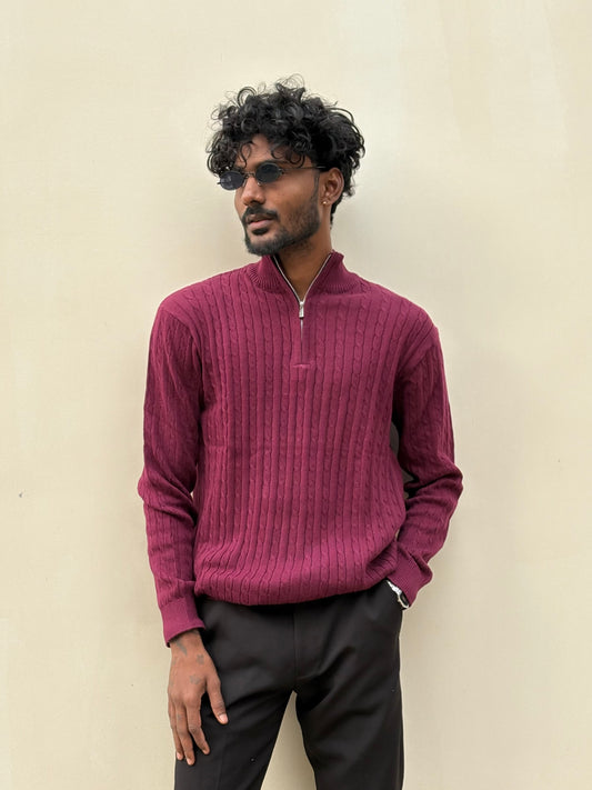 Maroon Zipper Polo Full Sleeve Tshirt