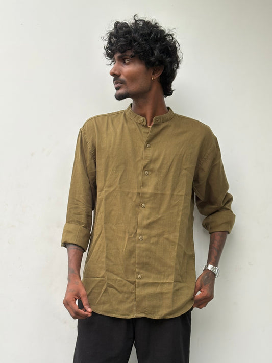 Olive Brown Linen Mandarin Collar Shirt