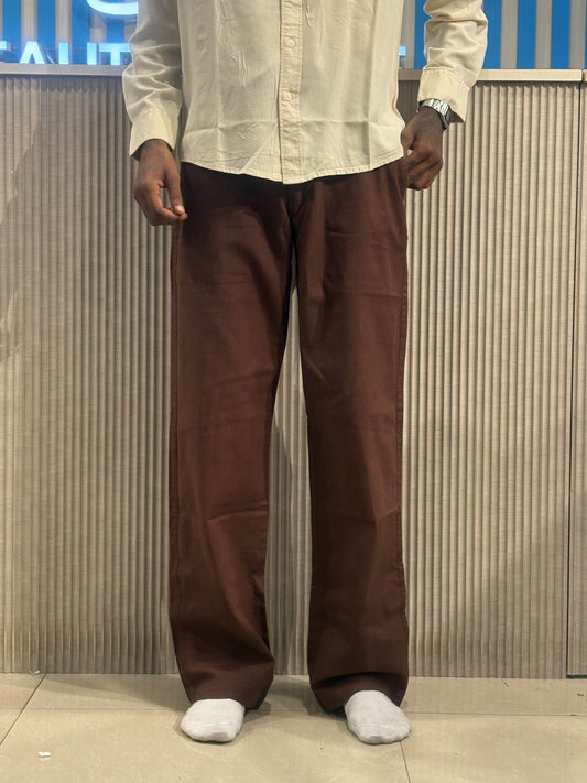 Brown Linen Relaxed Fit Draw String Pants