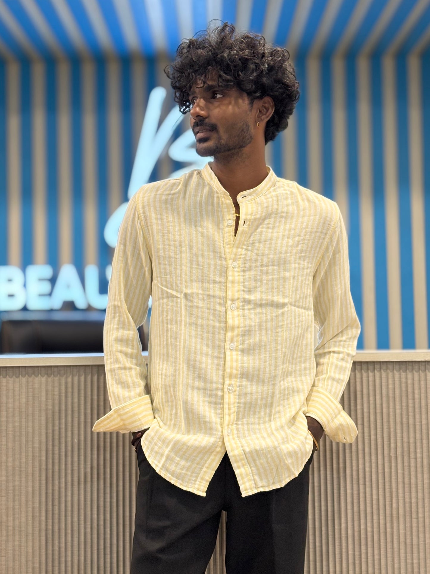 Yellow Linen Striped Mandarin Collar Shirt