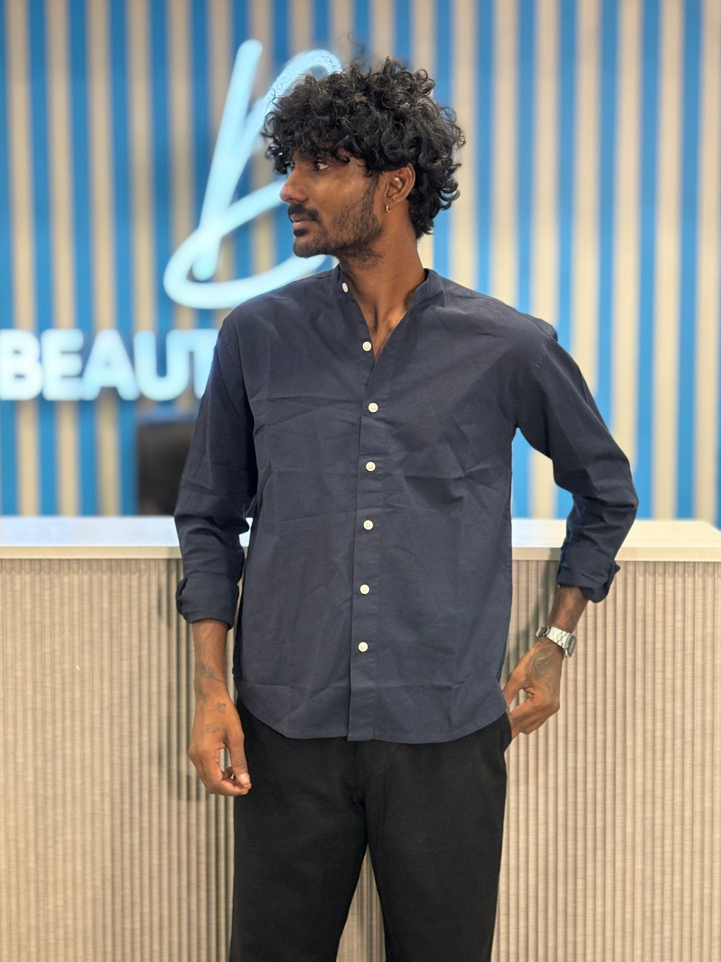 Navy Blue Linen Mandarin Collar Shirt