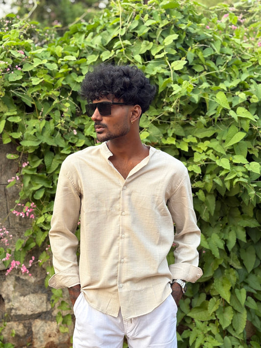 Off White Mandarin Linen Blended Shirt