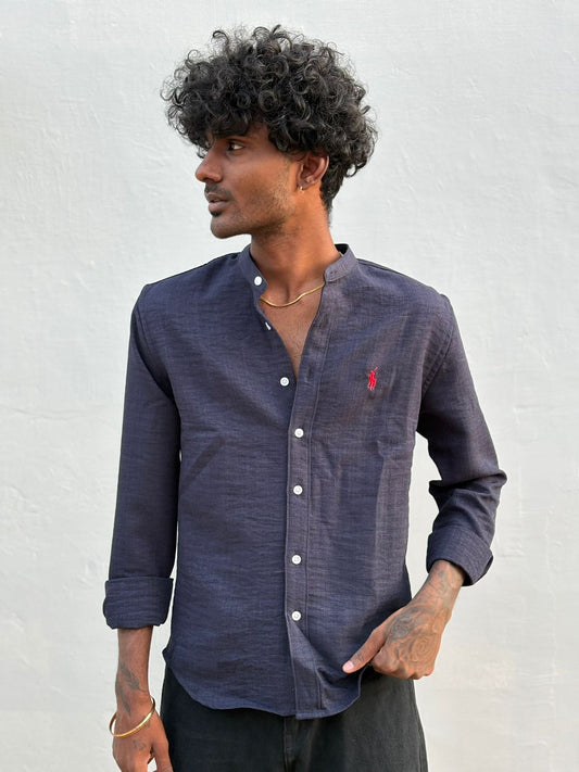 Navy Blue Linen Blended Mandarin Collar Shirt
