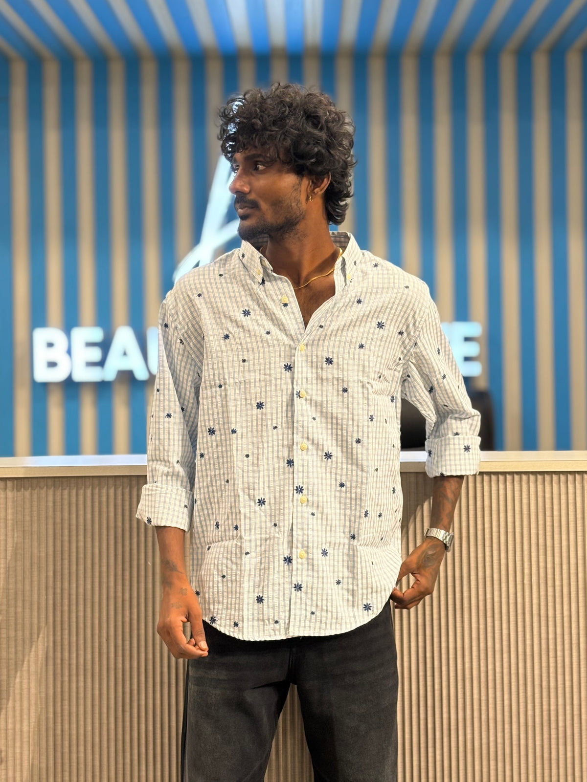 White Embroidery Checked Shirt