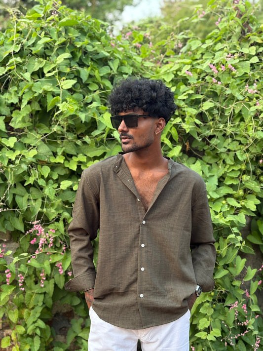 Green Mandarin Linen Blended Shirt