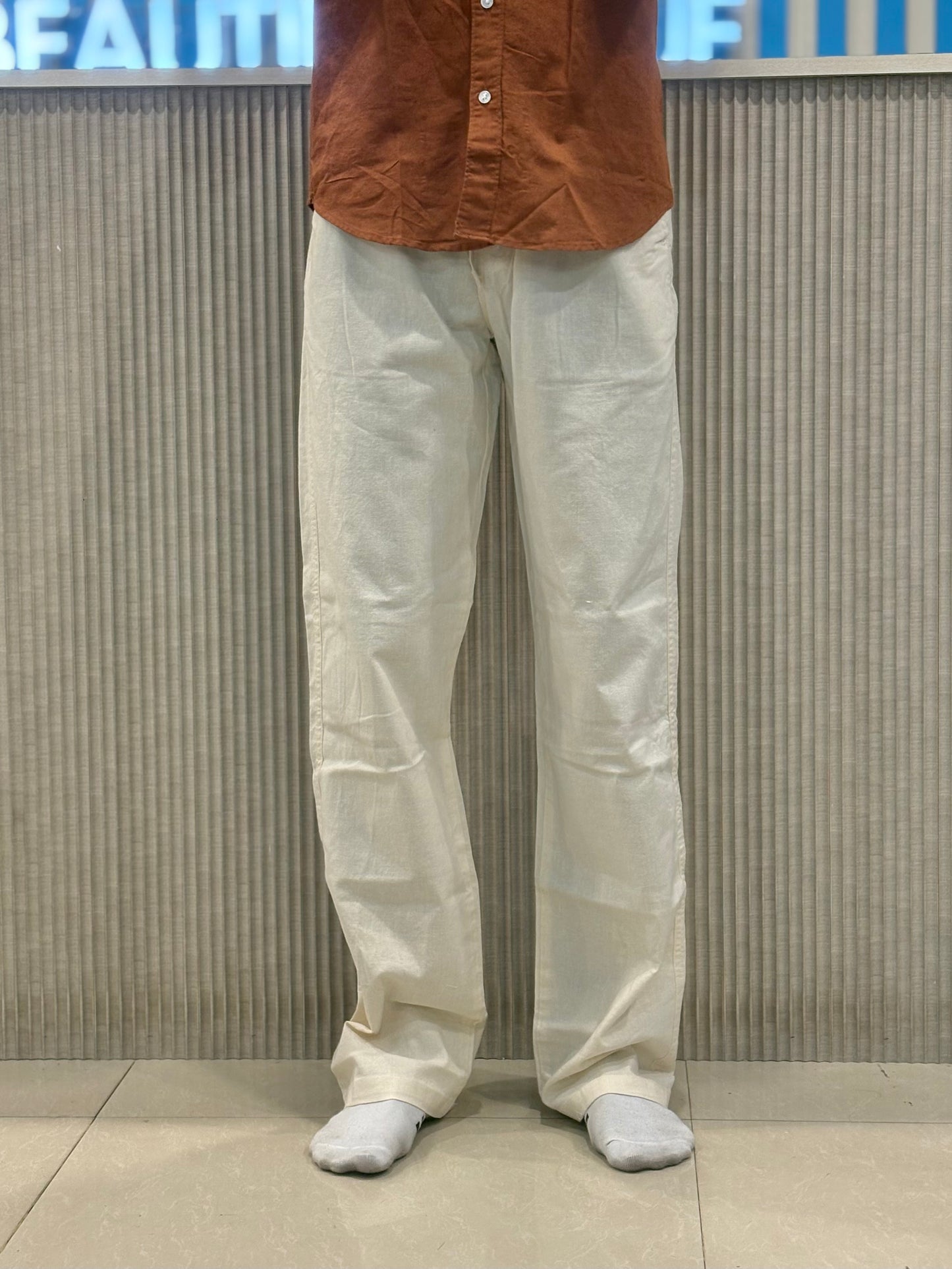 Cream Linen Relaxed Fit Draw String Pants