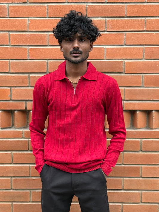 Red Zipper Polo Full Sleeve Tshirt
