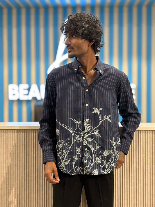 Navy Blue Striped Embroidery Shirt