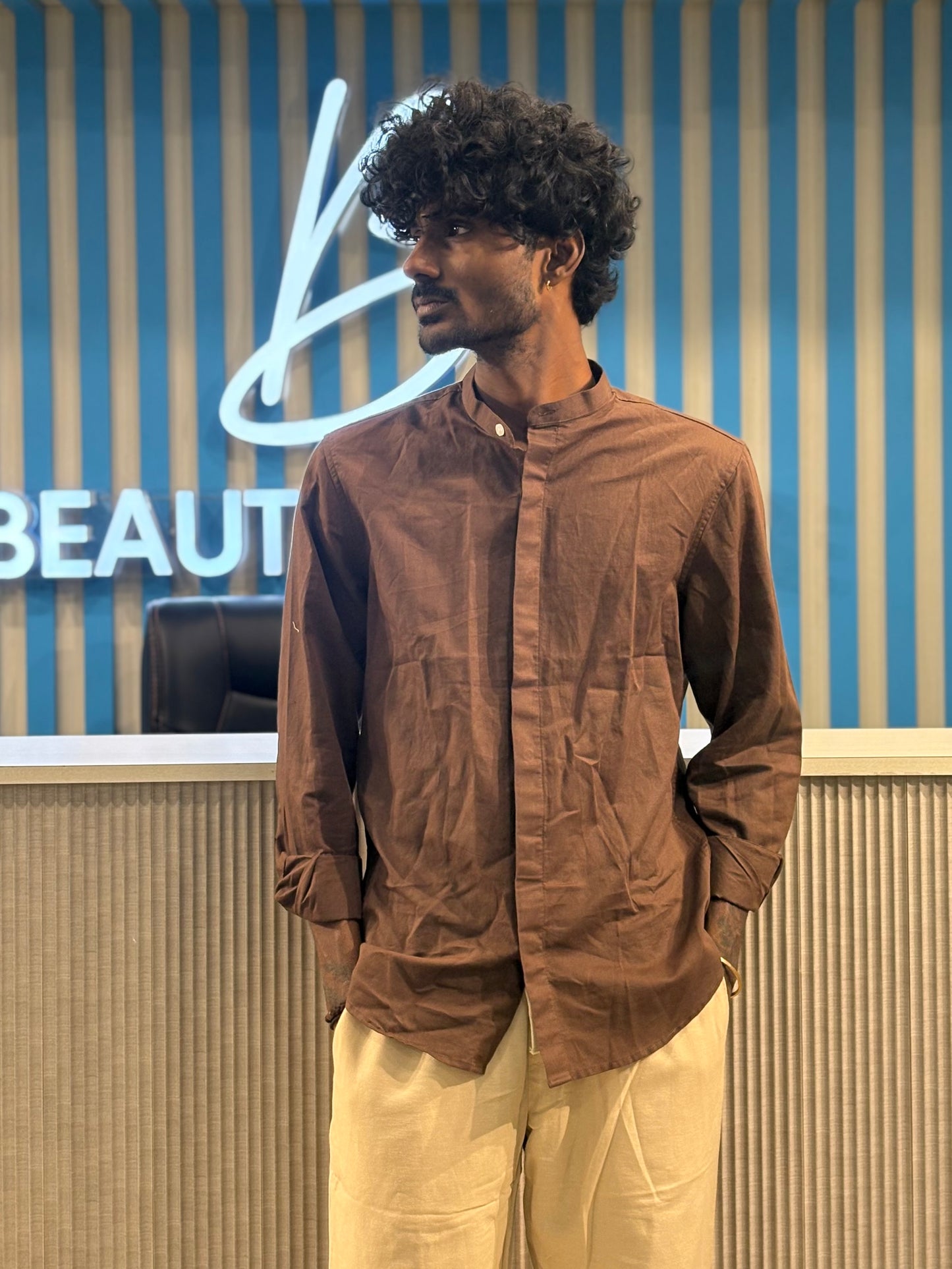 Brown Linen Mandarin Collar Shirt